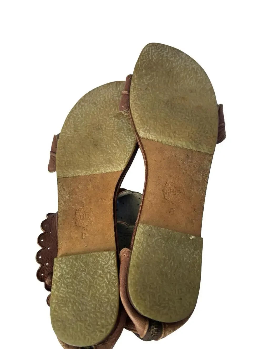 ELF Brown Leather Scalloped Ankle Strap Sandals Women’s Size 8 Boho
